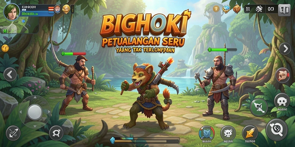 Tangkapan layar utama BIGHOKI menampilkan aksi petualangan seru.