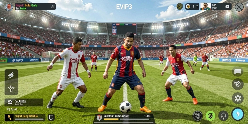 Tangkapan layar utama EVIP3 menunjukkan aksi dinamis sepak bola.