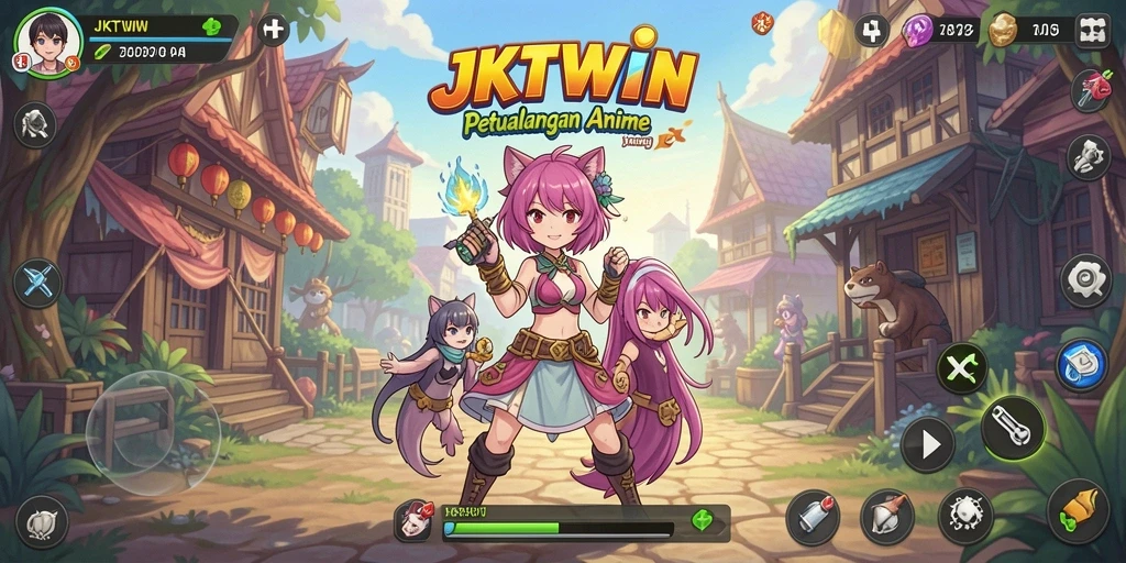 Tampilan gameplay JKTWIN yang penuh aksi dan karakter Anime.