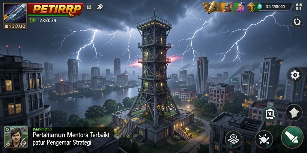 Tangkapan layar dari gameplay PETIRRP yang menampilkan pertarungan menara.