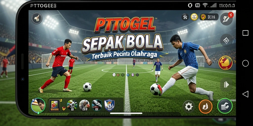 Screenshot utama PTTOGEL menampilkan gameplay seru di lapangan sepak bola.