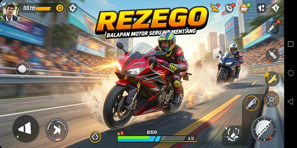 Tangkapan layar permainan <strong>REZEGO</strong> menampilkan aksi balapan motor yang mendebarkan.