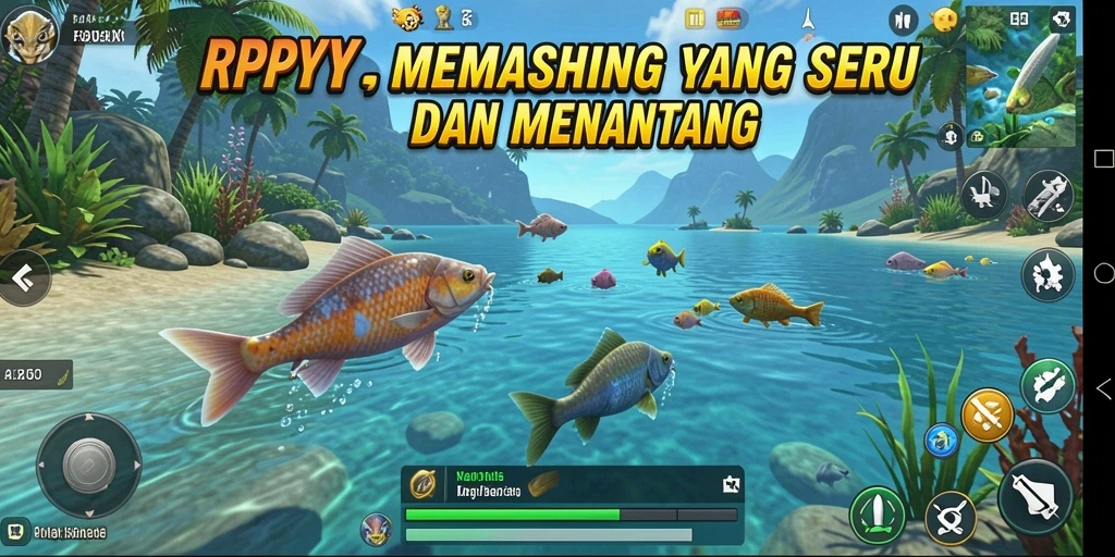 Tampilan gameplay RPYYY dengan aktivitas memancing yang seru.