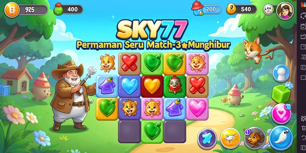 Tangkapan layar SKY77 menunjukkan aksi seru Match-3 yang penuh warna.