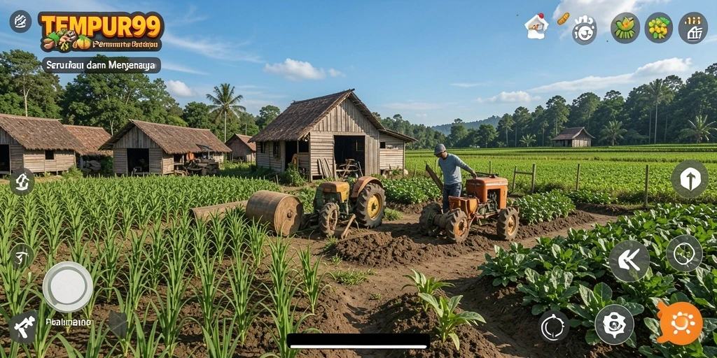 Gameplay TEMPUR99 menampilkan lahan pertanian yang luas dan aktif.
